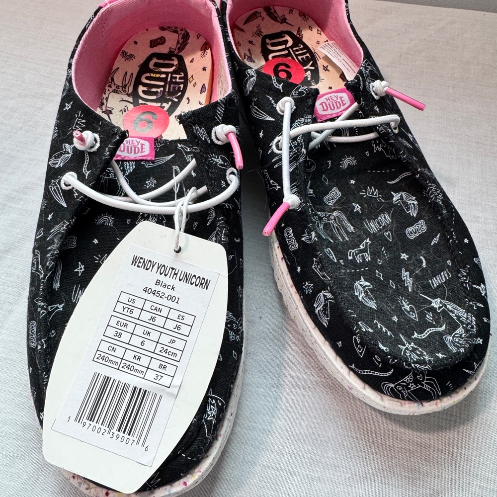 Hey Dude Black and Pink Unicorn Shoes 6 Y - Picture 2 of 5
